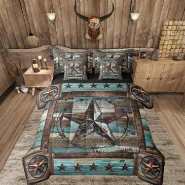 Imagem de Feelyou Jogo de cama king com estrela do oeste do Texas azul-petróleo, asteca ocidental, para crianças, meninos, meninas, decoração de caubói, rústico, casa de fazenda, tribal, estilo exótico, para