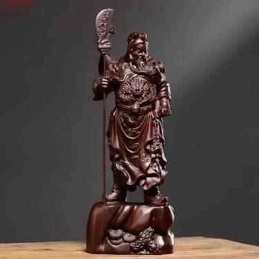 Imagem de FENNYYAR Decoração de escultura em madeira estátua de Guan Gong Escultura doméstica, 30 cm 30 cm, ornamento Feng Shui para sala de estar