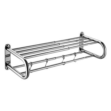 Imagem de Prateleiras de banheiro escaláveis em camadas com 4 ganchos removíveis montadas na parede porta-toalhas aço inoxidável resistente à corrosão toalha aj