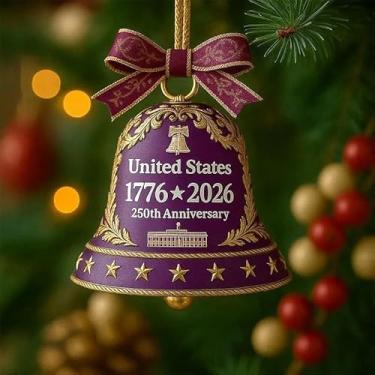Imagem de Enfeite comemorativo de Natal com sino comemorativo de 250º aniversário | Decoração patriótica semiquincentenária | Presente de lembrança de marco histórico americano para veteranos, colecionadores e