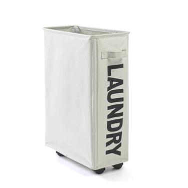 Imagem de Cesta de Lavanderia Slim com Rodas Universais Pasta Cantos Tela Oxford Dobrável Organizador Roupas Sujas Cordão Malha e 4 Varetas Suporte