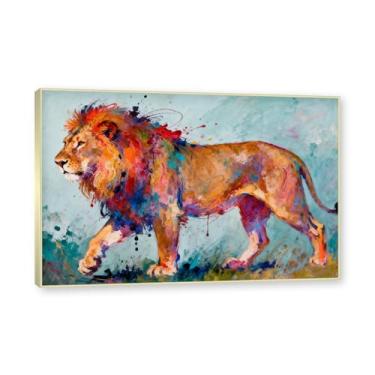 Imagem de NHLDZYH Moldura dourada. Pintura salpicada de leão pintura em tela abstrata arte animal mural vívido chama a atenção para sala de estar decoração moderna para casa. A47. 70 x 105 cm.