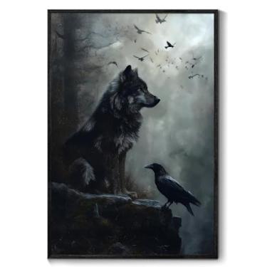 Imagem de Arte de parede em tela de lobo e corvo, pôster de lobo gótico, pintura acadêmica escura, arte de parede de animal gótico, floresta assustadora, arte em tela, floresta escura, imagens de corvo