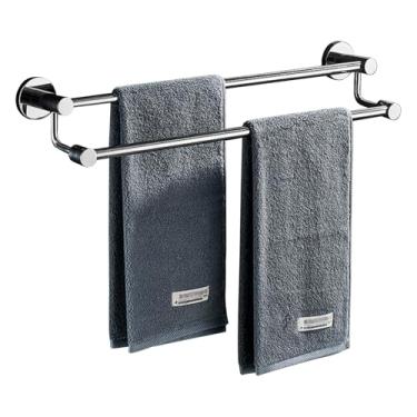 Imagem de Suporte de toalha de haste dupla montado na parede Prateleira de toalha com acabamento prateado polido, prateleiras de armazenamento de toalhas de aço inoxidável para cozinha e banheiro