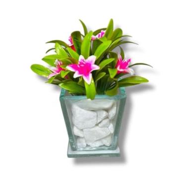 Imagem de Kit de Arranjos Mini Lírio Variado no Vaso de Vidro + Pedras Brancas arranjo de flores artificiais com vaso，arranjo de mesa de jantar(PINK,4 UNIDADES)
