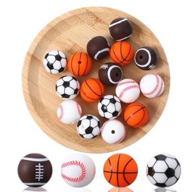 Imagem de Yuomeaz 16 contas esportivas, contas de bola de silicone de 1,5 cm a granel, contas multicoloridas de futebol, basquete, beisebol, rugby para artesanato DIY, pulseira, colar, chaveiro, caneta