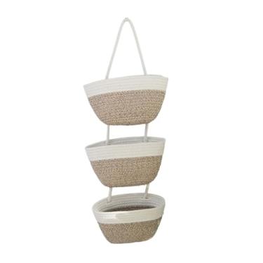 Imagem de Fockety Cesta Suspensa de 3 Camadas, Organizador de Armazenamento Montado na Parede Com Corda de Algodão, Cesta Tecida Decorativa para Sala de Estar, Quarto, Com Seções Removíveis (Branco Marrom)