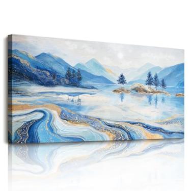 Imagem de SERIMINO Arte de parede de paisagem, decoração de parede grande, arte de parede de lago, impressões em tela de mármore abstratas em ouro azul, pinturas de rio de montanha para sala de estar, quarto