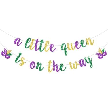 Imagem de Banner A Little Queen is on the Way, placa de chá de bebê de Mardi Gras, decoração de festa de revelação de gênero para chá de bebê Mardi Gras