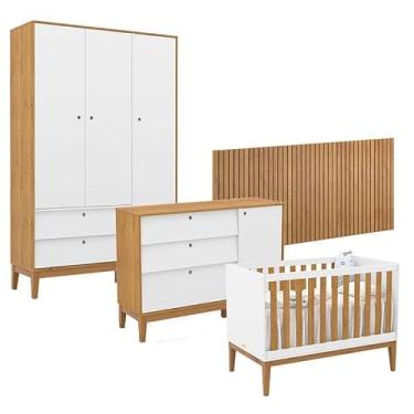 Imagem de Quarto de Bebê Unique 3 Portas com Cômoda Sapateira e Painel Ripado Branco Soft Freijó Eco Wood - Matic