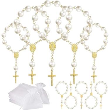 Imagem de Conjunto de 10 mini rosários de lembrancinhas de festa de batismo com bolsas de organza para batizado, casamentos, lembrancinhas de festa de primeira comunhão (pérola dourada)