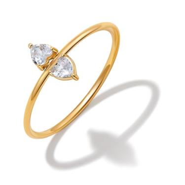 Imagem de BENIQUE Anéis de empilhamento delicados em ouro 18K para mulheres, pulseira fina de 1 mm com pequenas pedras de zircônia cúbica, aço inoxidável banhado a ouro não manchado, corte de coração de pera