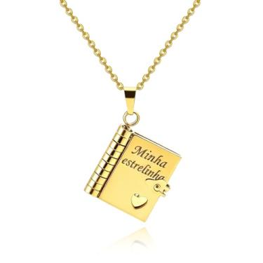 Imagem de FLORA Colar com pingente de mini livro em formato de coração que se abre corrente para clavícula colar com pingente de livro gravado colar em aço titânio moderno e versátil (Ouro)