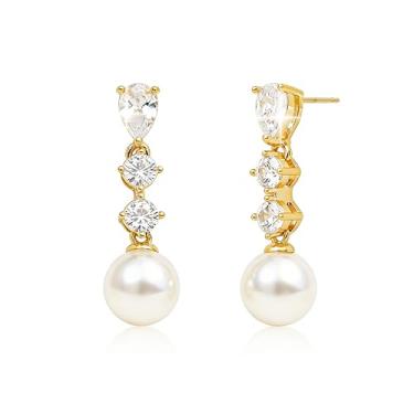 Imagem de Sonateomber Brincos femininos pendentes de pérola, delicados e brilhantes, banhados a ouro 14 K, zircônia cúbica, strass, brincos para noivas, acessórios de casamento, joias modernas, presente, Latão