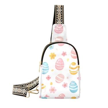 Imagem de CEBUGI Bolsa tiracolo feminina de couro com ovos coloridos de Páscoa, bolsa de peito para caminhadas, viagens ao ar livre