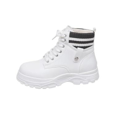 Imagem de Botas curtas femininas casuais quentes de inverno com cadarço frontal bico redondo de sola grossa para estilo de tornozelo, Branco, 35