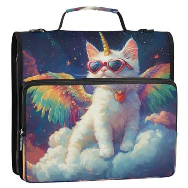 Imagem de Caikeny Fichário de 3 anéis com zíper, aquarela, gato, arco-íris, coração de 3,8 cm, bolsa com alça de ombro e bolsos expansíveis para arquivo