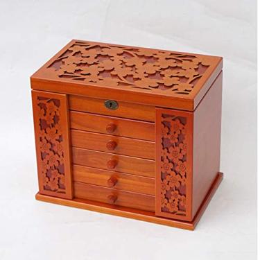 Imagem de ngddf2haa Caixa de joias vintage com cadeado 6 camadas caixa de armazenamento de joias de madeira de grande capacidade esculpida à mão presentes a céu aberto para entes queridos (cor: A)
