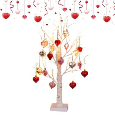 Imagem de Árvore dos Namorados – Decoração romântica de bétula brilhante com temporizador, 24 lâmpadas de LED para decoração interna com 18 enfeites de coração, para casa, mesa interna, sala de estar, feriados