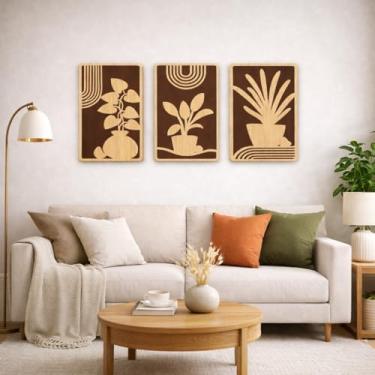 Imagem de Kit 3 Quadros Decorativos Vasos Abstratos Amadeirado para Sala Quarto Escritório em Relevo 3D