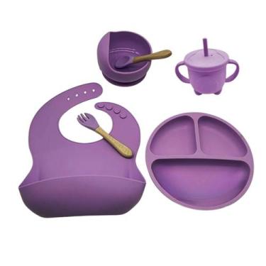 Imagem de Kit Refeição Bebê Silicone Colher Pratinho Babador Infantil Ventosa 6 