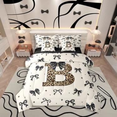 Imagem de Jogo de cama casal de 7 peças com a letra B de leopardo, laço preto coquete em uma bolsa, conjunto de cama com laço kawaii, estrelas kawaii, conjunto de edredom, conjunto de lençóis, fronhas e fronhas