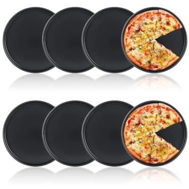 Imagem de AKOLAFE Conjunto de 8 formas de pizza pessoal redonda para forno, pratos grandes antiaderentes, antiaderentes, assadeiras de aço carbono, bandeja de pizza de metal para servir, cozinhar, 28 cm