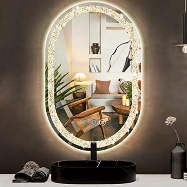 Imagem de DIDIDADA Espelho oval de cristal com luzes 40,6 x 61 cm Espelho oval iluminado de cristal para parede de banheiro montagem horizontal/vertical mesa de maquiagem diamante ovais espelhos luzes