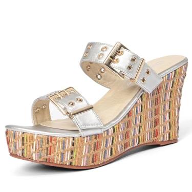 Imagem de Jeesay Sandálias femininas de salto alto com tira de fivela e plataforma Peep Toe, Prata, 36