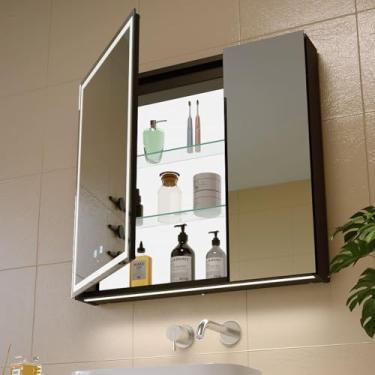 Imagem de KWW Armário de remédios para banheiro iluminado por LED com painel retroiluminado, soquetes e USBs. Antiembaçamento, regulável, espelho de maquiagem com luz de 3 cores, fácil de instalar, montado na