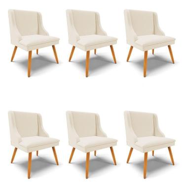 Imagem de Kit 6 Cadeiras Estofadas Para Sala De Jantar Pés Palito Lia Linho Bege - Ibiza