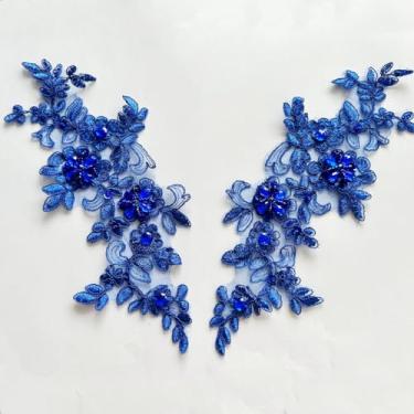 Imagem de Zbroh Remendos de tecido de renda fina bordado strass acabamento aplique decoração de vestido costurar lantejoulas miçangas acessório um par (azul 2)