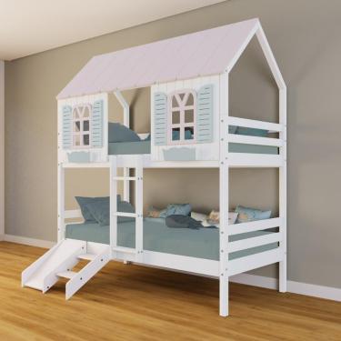 Imagem de Beliche Casinha Bela Kit Escada/escorregador - Madeira Maciça Branco/rosa/verde Housin