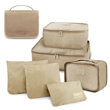 Imagem de Kit Organizador De Malas 6 Peças + Necessaire Com Gancho Bege