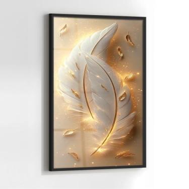 Imagem de Quadro com Moldura e Acrilico Cristal Vidro Penas Douradas para Sala, 