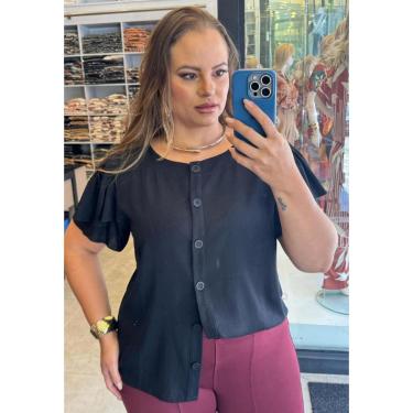 Imagem de Blusa Plus Size Preta com Botões e Manga com Babado Cor:;Tamanho:54;Gênero:Feminino-Feminino