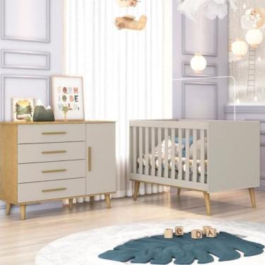 Imagem de Quarto de Bebê com Cômoda 4 Gavetas 1 Porta e Berço Ludmila Off White/Bétula