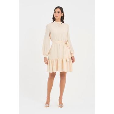 Imagem de Vestido Aveia Curto Gola Alta Com Barrado, 44, Aveia