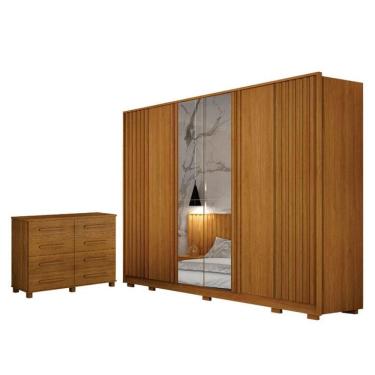 Imagem de Guarda Roupa Casal Evo 6 Portas Com Espelho Cinamomo Com Cômoda San Marino 8 Gavetas Ci...