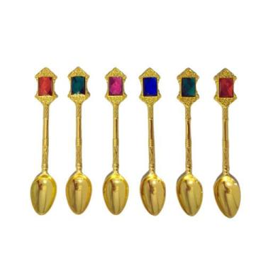 Imagem de Jogo Com 6 Colheres Para Chá Café Inox Dourado Pedras Coloridas - Roje