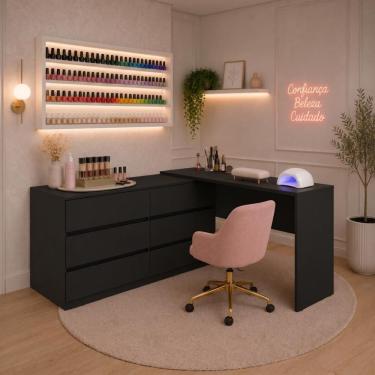 Imagem de Mesa de Manicure Profissional de Canto em L com 6 Gavetas Organize Multimóveis MP6068