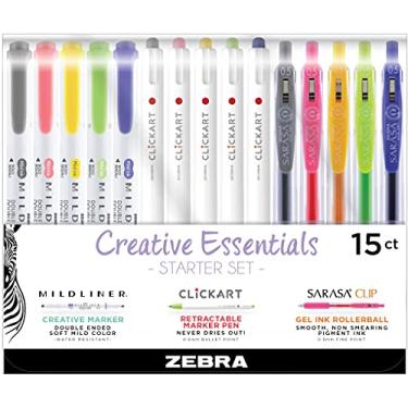 Imagem de ZEBRA Conjunto de caneta Creative Essentials para iniciantes, inclui 5 marcadores, 5 marcadores e 5 canetas de gel retráteis Sarasa Clip, cores de tinta sortidas, pacote com 15 (76115)