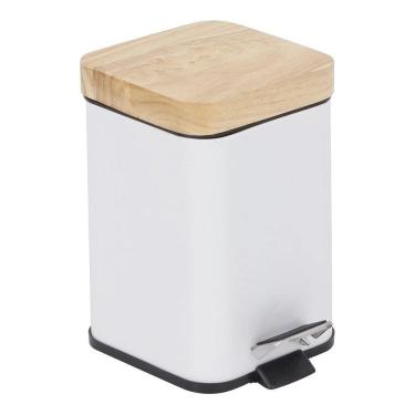 Imagem de Lixeira De Banheiro Tampo De Madeira Branco 3l 16x15x25cm