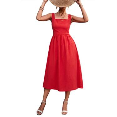 Imagem de Vestido feminino decote quadrado, vestidos maxi de verão, cor sólida, sem mangas, vestido casual solto com fecho de correr para uso diário, festa(S-Vermelho)