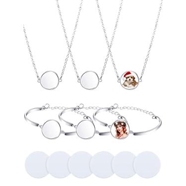 Imagem de 6 pulseiras de sublimação, colar em branco com pingente de transferência de calor, joias com pingente de sublimação em branco para fotos, colares, pulseiras faça-você-mesmo com disco branco de sublimação para fabricação de joias femininas