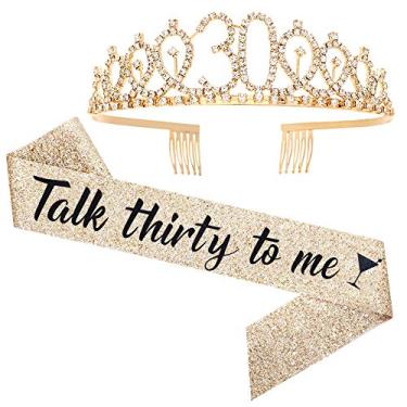 Imagem de Conjunto de tiara "Talk Thirty to me" faixa e strass – faixa de aniversário de 30 anos para mulheres, artigos de festa de aniversário