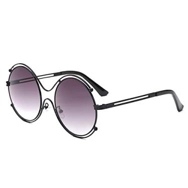 Imagem de Óculos de Sol Feminino Espelho Lente Redonda Abajur Armação de Metal Óculos de Sol Feminino Estilo Verão Óculos Duplo Círculo, C01 Preto Duplo Cinza, Embalagem A