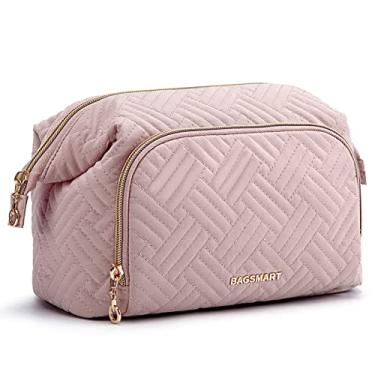 Imagem de BAGSMART Bolsa de maquiagem de viagem, bolsa organizadora de maquiagem, bolsa grande aberta para mulheres, bolsa para artigos de higiene pessoal, acessórios pincéis, rosa, Large, Bolsa de maquiagem