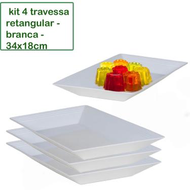 Imagem de Kit 4 Travessa Saladeira Petisqueira Retangular Le Chef Branca Plástico 34x18x4 cm