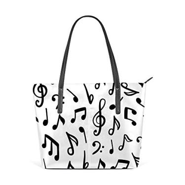 Imagem de Bolsa de ombro feminina sacola de couro para compras grande trabalho, notas musicais pretas sem costura, bolsa casual